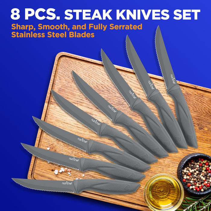 8 Pcs. Steak Knives Set - Non-Stick Coating Knives Set With Stainless Steel Blades, Unbreakable Knives, Great For Bbq Grill (Gray)