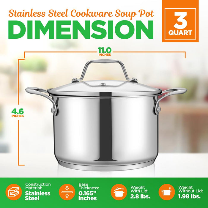 Stainless Steel Cookware Soup Pot - 3 Quart, Heavy Duty Induction Pot, Soup Pot With Lid