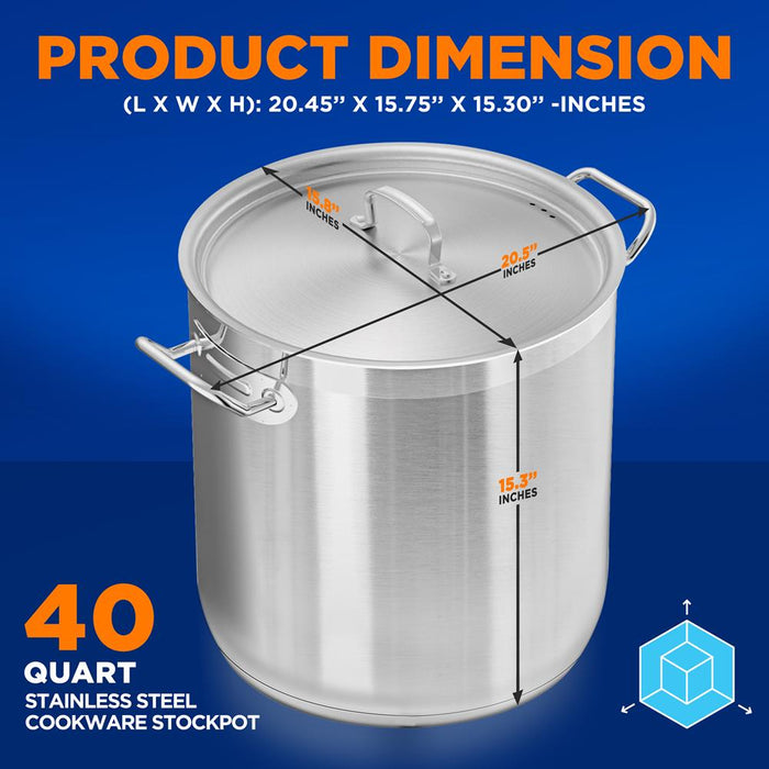 Stainless Steel Cookware Stockpot - 40 Quart, Heavy Duty Induction Pot, Soup Pot With Stainless Steel Lid