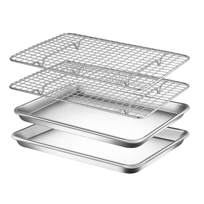Nonstick Cookie Sheet Baking Pan With Cooling Rack - Professional Quality Kitchen Cooking Non-Stick Bake Trays With Silver Coating Inside & Outside (Pair)