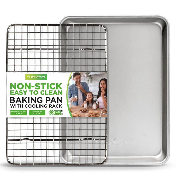 Plaque à biscuits antiadhésive avec grille de refroidissement - Plaques de cuisson antiadhésives de qualité professionnelle avec revêtement argenté à l'intérieur et à l'extérieur (taille moyenne) 
