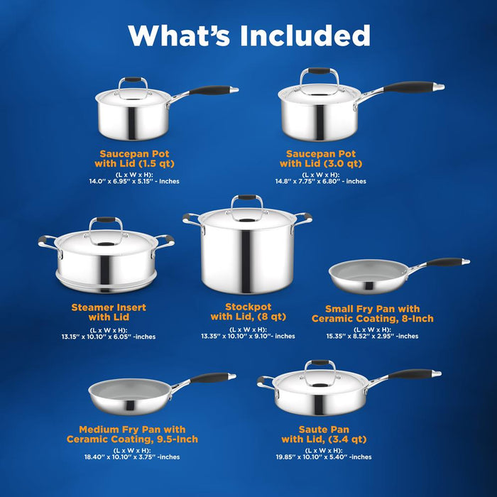 Kitchenware Pots & Pans Set - Clad Kitchen Cookware, Frypan Interior Coated With Prestige Ceramic Non-Stick Coating (12-Piece Set)