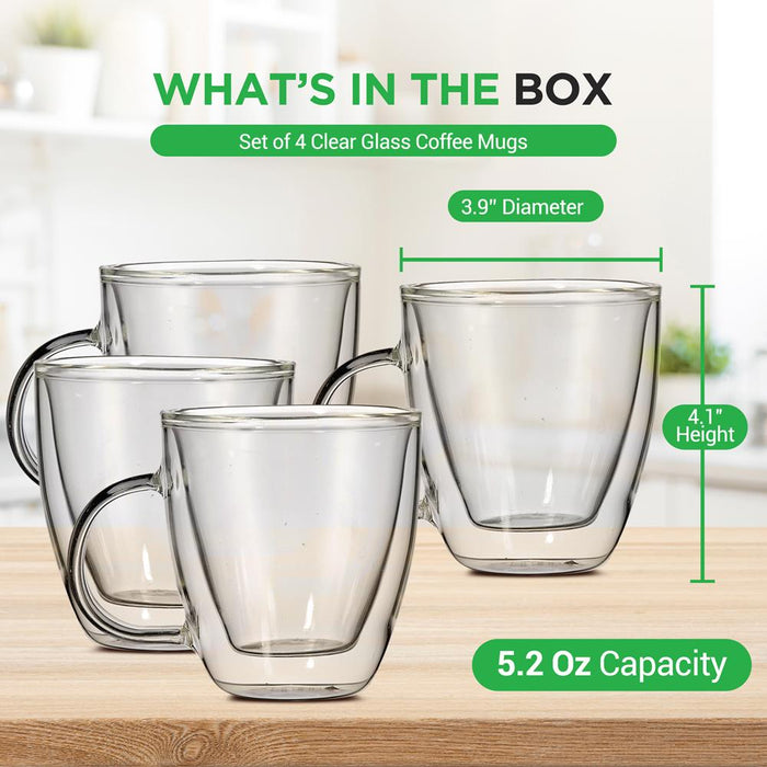 4 Pcs. Of Clear Glass Coffee Mug - Elegant Clear Glasses With Convenient Handles, For Hot And Cold Drinks