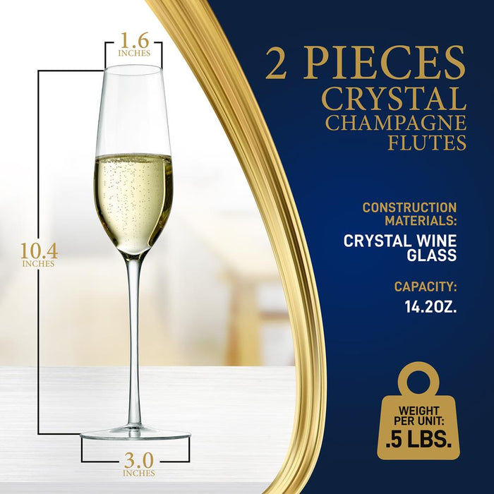 2 Pcs. Of Crystal Champagne Flutes - Ultra Clear, Elegant Champagne Glasses, Hand Blown