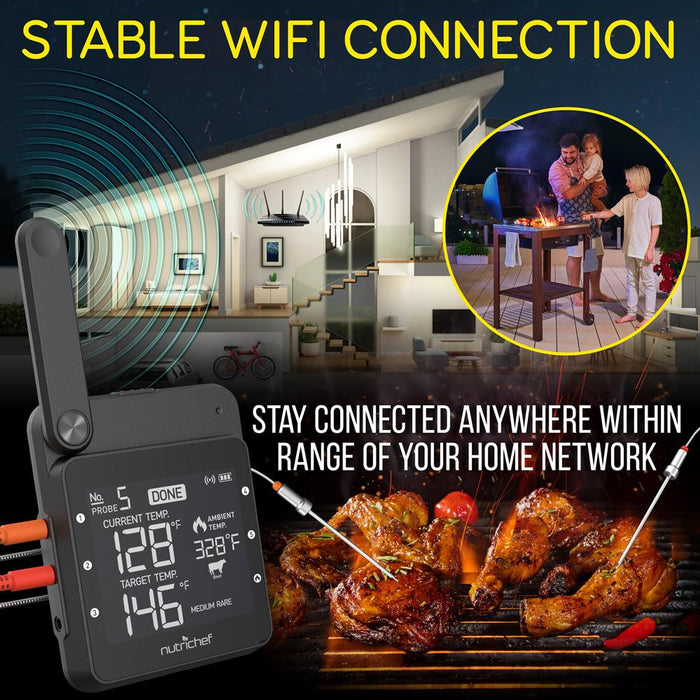 Thermomètre intelligent pour barbecue - Affichage numérique, sondes doubles en acier inoxydable sûres à laisser dans le fumoir à viande pour barbecue en extérieur - Alerte à distance sans fil pour téléphone iOS Android via application WiFi 