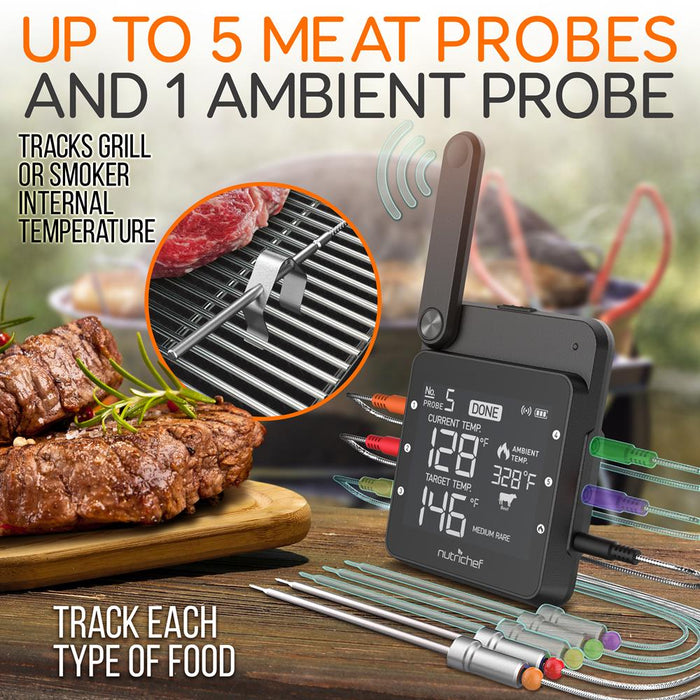 Thermomètre intelligent pour barbecue - Affichage numérique, sondes doubles en acier inoxydable sûres à laisser dans le fumoir à viande pour barbecue en extérieur - Alerte à distance sans fil pour téléphone iOS Android via application WiFi 