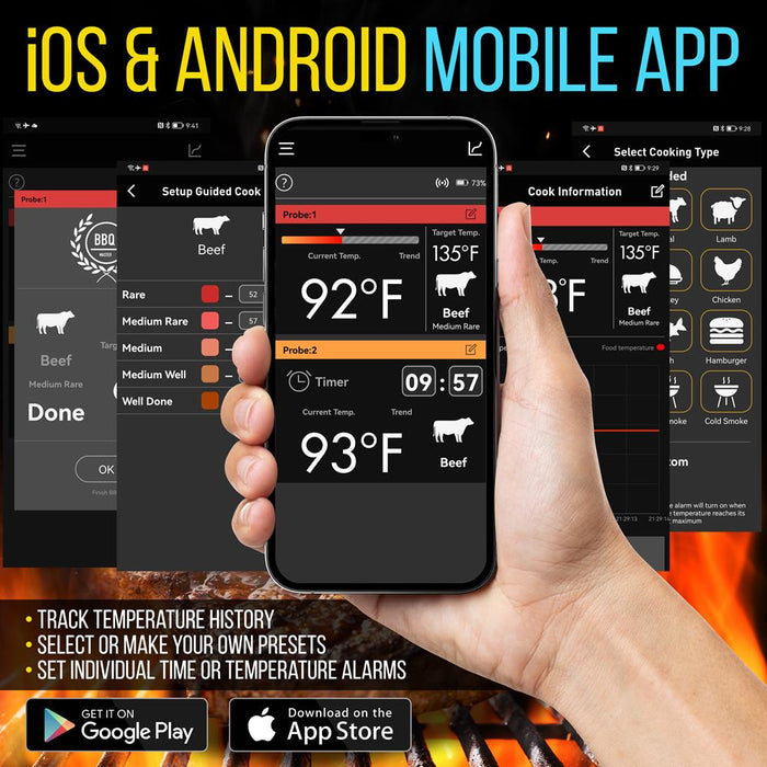 Thermomètre intelligent pour barbecue - Affichage numérique, sondes doubles en acier inoxydable sûres à laisser dans le fumoir à viande pour barbecue en extérieur - Alerte à distance sans fil pour téléphone iOS Android via application WiFi 