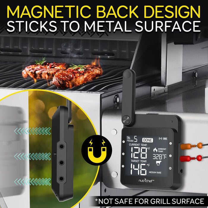 Thermomètre intelligent pour barbecue - Affichage numérique, sondes doubles en acier inoxydable sûres à laisser dans le fumoir à viande pour barbecue en extérieur - Alerte à distance sans fil pour téléphone iOS Android via application WiFi 