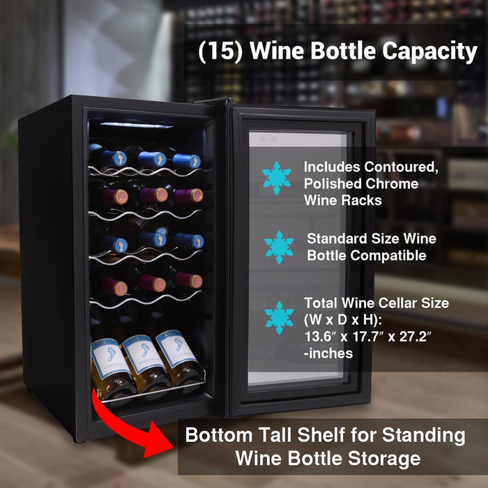 Wine Chilling Refrigerator Cellar - Digital Touch Button Control With Air Tight Seal, Contains Placement For Standing Bottles (15 Bottle Storage Capacity)