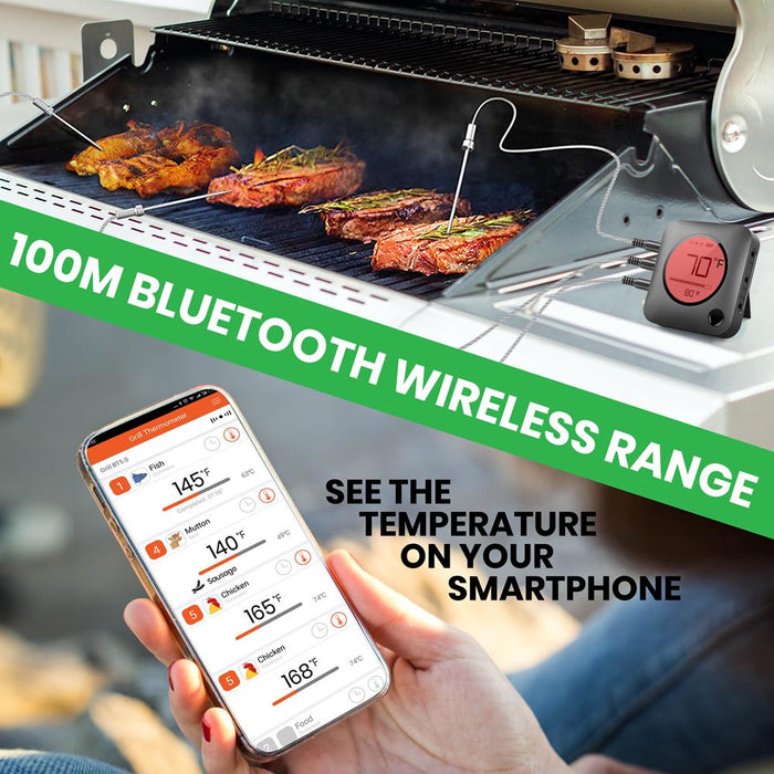 Thermomètre de barbecue intelligent Bluetooth - Affichage numérique, alerte à distance sans fil pour téléphone iOS Android 