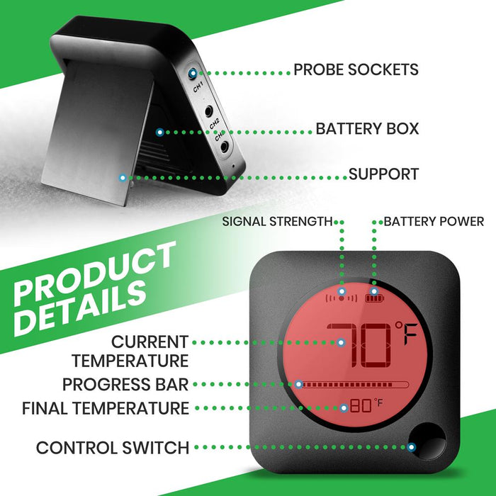 Thermomètre de barbecue intelligent Bluetooth - Affichage numérique, alerte à distance sans fil pour téléphone iOS Android 