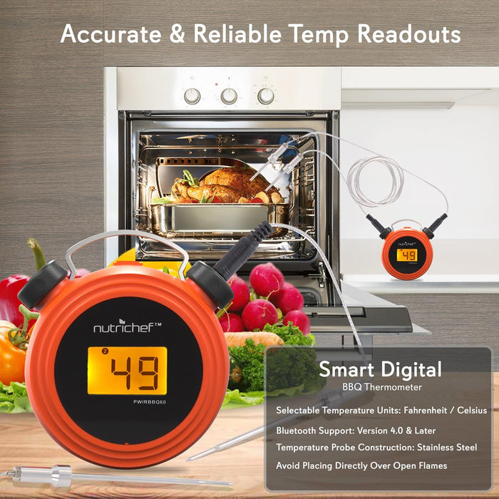 Thermomètre de Gril BBQ Bluetooth Intelligent - Affichage Numérique, Sondes Doubles en Acier Inoxydable Sûres à Laisser dans le Fumoir de Viande de Barbecue Extérieur - Alerte à Distance Sans Fil pour Téléphone iOS Android - Nutrichef Pwirbbq60 