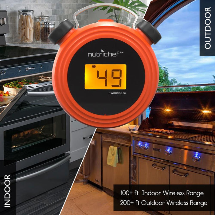 Thermomètre de Gril BBQ Bluetooth Intelligent - Affichage Numérique, Sondes Doubles en Acier Inoxydable Sûres à Laisser dans le Fumoir de Viande de Barbecue Extérieur - Alerte à Distance Sans Fil pour Téléphone iOS Android - Nutrichef Pwirbbq60 