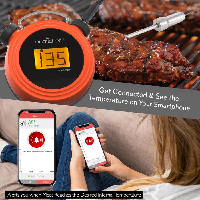 Thermomètre de Gril BBQ Bluetooth Intelligent - Affichage Numérique, Sondes Doubles en Acier Inoxydable Sûres à Laisser dans le Fumoir de Viande de Barbecue Extérieur - Alerte à Distance Sans Fil pour Téléphone iOS Android - Nutrichef Pwirbbq60 