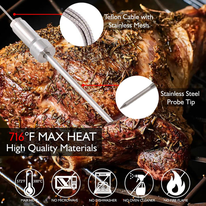 Thermomètre de Gril BBQ Bluetooth Intelligent - Affichage Numérique, Sondes Doubles en Acier Inoxydable Sûres à Laisser dans le Fumoir de Viande de Barbecue Extérieur - Alerte à Distance Sans Fil pour Téléphone iOS Android - Nutrichef Pwirbbq60 