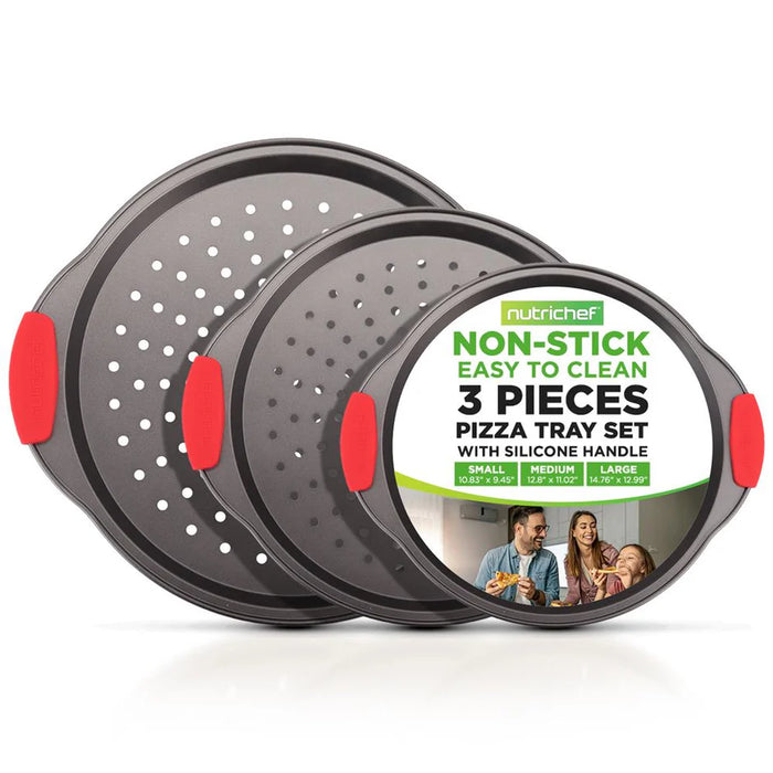 Ensemble de 3 plateaux à pizza avec poignée en silicone - Moule rond en acier antiadhésif avec trous perforés (revêtement doré) 